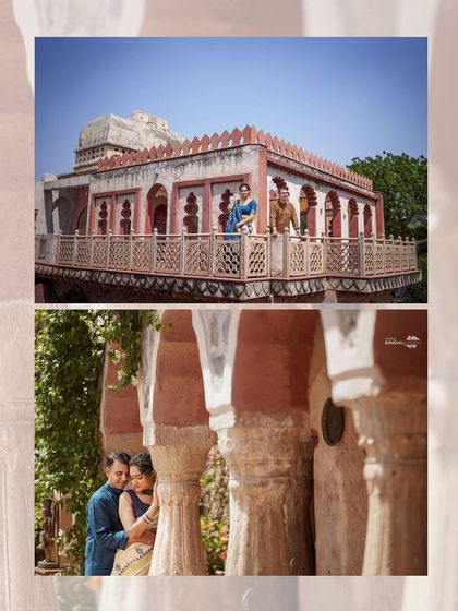 This collage combines a majestic shot on a palace balcony with a close-up, intimate portrait, showcasing the variety of perspectives I capture during a heritage shoot.