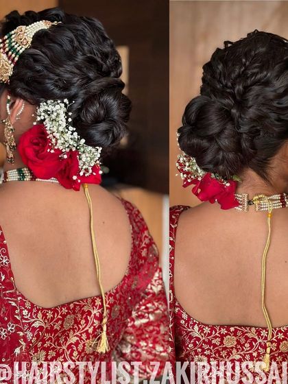 A collage showing the textured bridal updo with red roses, giving a complete view of this stunning bridal hairstyle.