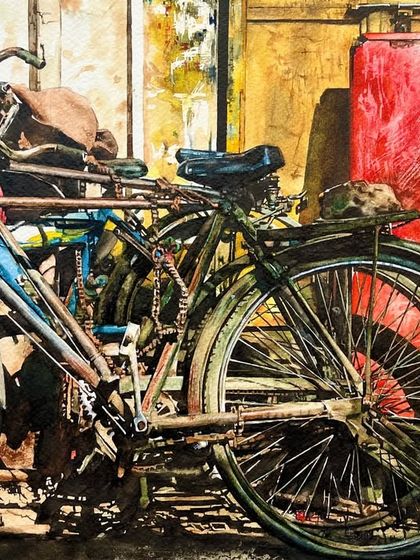 A close-up of the 2019 bicycle painting, focusing on the textures of rust, metal, and the weathered wall.