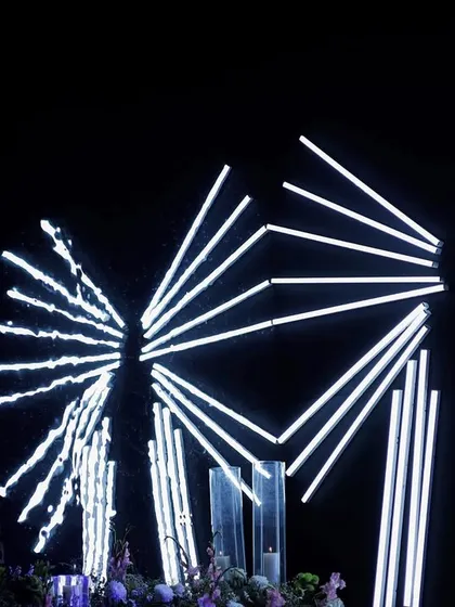 Large, wing-like structures made of white neon tubes create a dramatic and artistic photo backdrop, blending art with technology.
