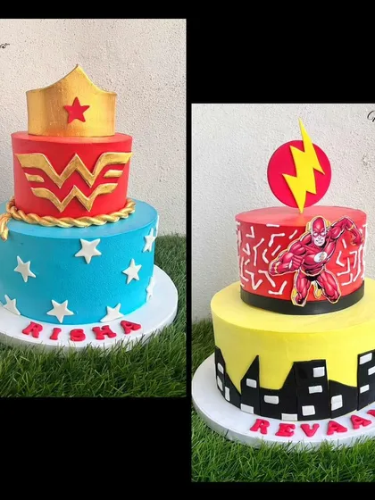 A collage of two superhero-themed two-tier cakes: one for Wonder Woman and one for The Flash.