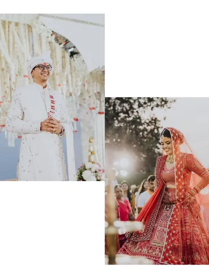 A collage of the bride and groom's entrances, capturing their excitement and the beauty of their outfits.