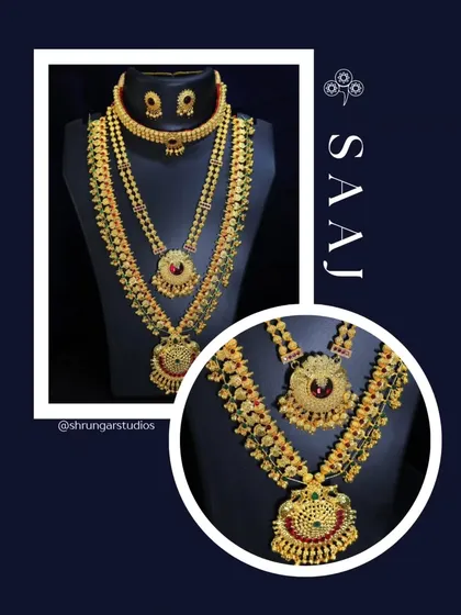 A complete Kolhapuri Saaj bridal set, featuring the traditional choker and layered necklaces.