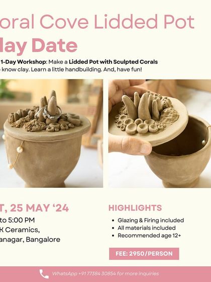 Create a beautiful 'Coral Cove' lidded pot in this one day workshop. You will learn to form a pot and sculpt intricate coral details on the lid, perfect for holding small treasures.