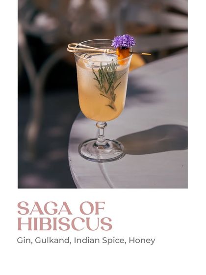 The Saga of Hibiscus is a journey of flavor. This unique cocktail from my Amore Floreale menu combines gin with the sweet, floral notes of gulkand, Indian spice, and honey for a truly special experience.