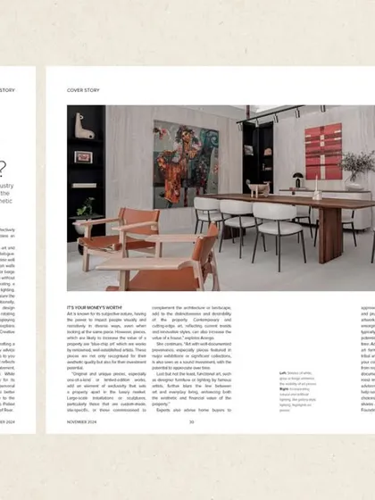 An inside spread from our CW Property feature, showcasing how we use art and bespoke furniture to create unique narratives in our projects.