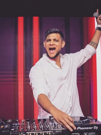 A solo shot of me in action, commanding the stage at a large corporate party.
