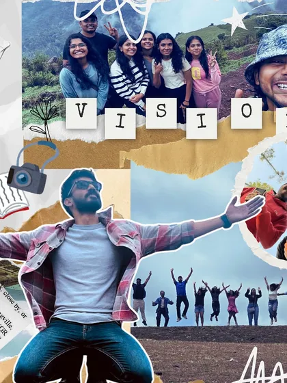 A collage with the word "Vision." It captures the spirit of our community, with travelers jumping for joy and embracing the open landscapes, representing our forward-looking perspective.