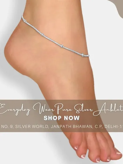 This pure silver anklet features a simple, sleek design with small cylindrical links. It's a durable and comfortable choice for daily use.