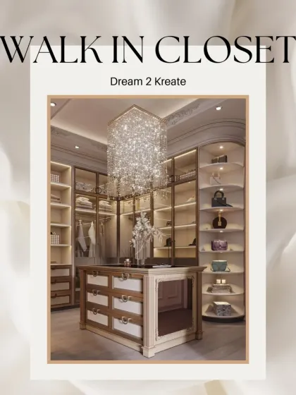 A graphic title card presenting a luxurious walk-in closet project, highlighting its key features.