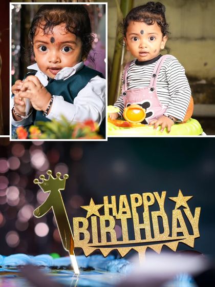 A collage celebrating a first birthday. I combine portraits from the birthday shoot with a detailed shot of the "Happy Birthday" cake topper to capture the theme of the day.