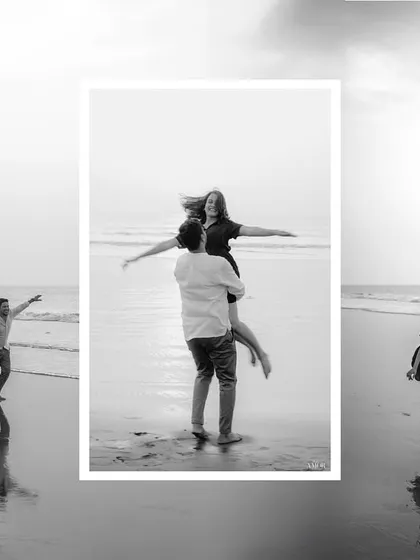 A creative collage showing a couple running and playing on the beach. The central color image is framed by black and white action shots, telling a story of carefree fun.