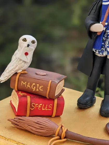 A close-up of the Harry Potter cake topper, showing Hedwig perched on a stack of magic books.