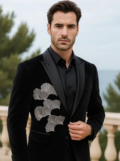I love creating pieces that feel both classic and modern. This black velvet bandhgala jacket, with its intricate silver leaf embroidery, is designed for a man who appreciates the art of detail and wants to make a sophisticated statement at a cocktail or reception event.