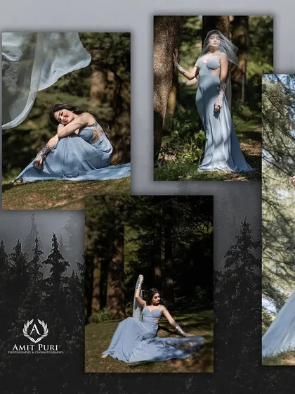 A collage of ethereal portraits of the bride in a flowing blue gown. Set in a sunlit forest, these images are dreamy and artistic, like scenes from a woodland fairytale.