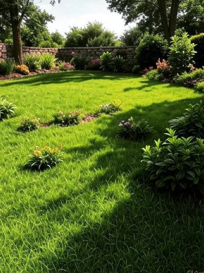 A charming garden with a stone wall, a lush lawn, and informal flower plantings. The dappled sunlight creates a peaceful and rustic atmosphere.