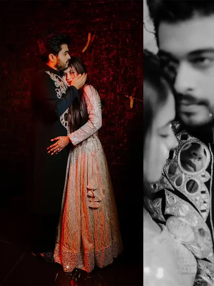 A diptych of intimate Sangeet portraits, one in color with dramatic red lighting and one in classic black and white.
