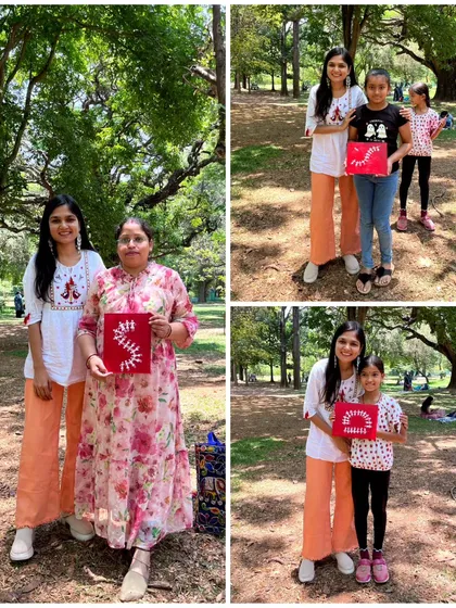 A collage of me posing with participants from our outdoor Warli painting workshop. It’s wonderful to see people of all ages connect with this traditional art form and create their own pieces.