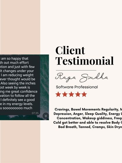 My client Raga Sudha saw incredible changes beyond weight loss. With simple food habit adjustments, she found relief from cravings, mood swings, fatigue, and poor sleep, gaining confidence with every passing week.