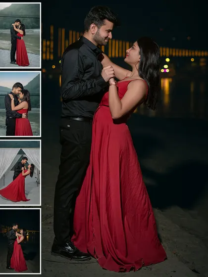 A collage of romantic moments in a stunning red dress against the river and bridge backdrop. It shows the versatility of a single location, from day to night.