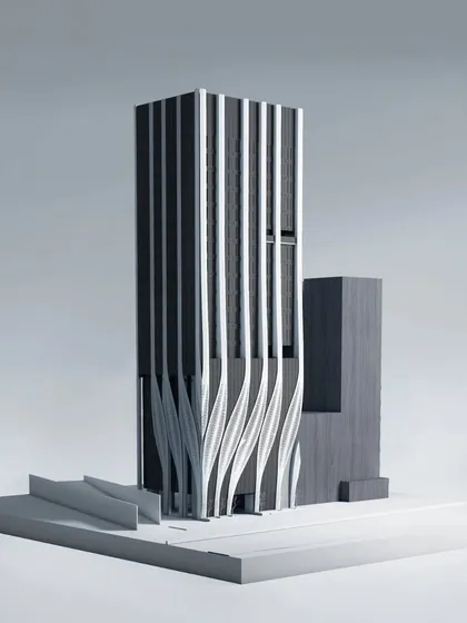 A 3D model rendering of the ID Origins tower, illustrating the complete architectural form and its relationship to the site.