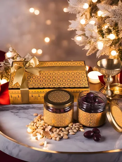 A stunning shot of a festive gift set featuring patterned golden jars with dry fruits, set against a backdrop of twinkling lights to create a magical holiday mood.