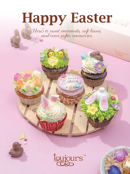 A promotional image wishing a "Happy Easter," featuring the festive cupcakes and highlighting the soft, sweet memories my desserts are made to create.