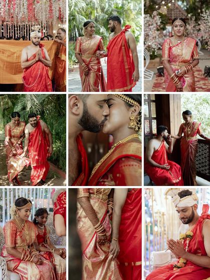 A vibrant collage showcasing various moments from a South Indian wedding. From walking together to sharing a kiss, it tells the story of their passionate and joyful union.