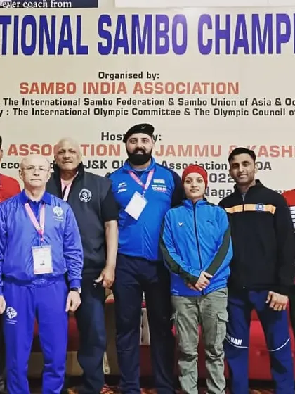 The Haryana Sambo team, with our coaches and athletes, at the National Sambo Championship. Competing at the national level is a testament to the elite training we provide.
