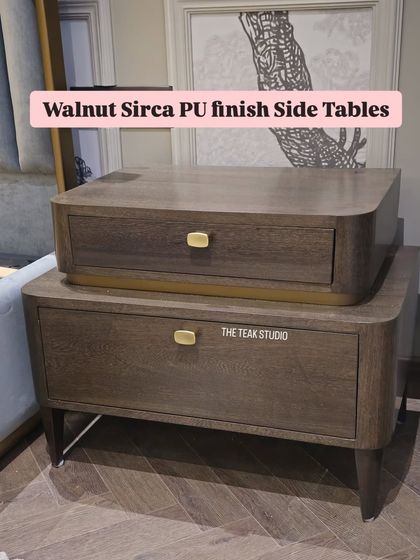 These tiered side tables are finished in a rich Walnut Sirca PU. The design provides multiple surfaces for storage and display, with elegant brass knobs.