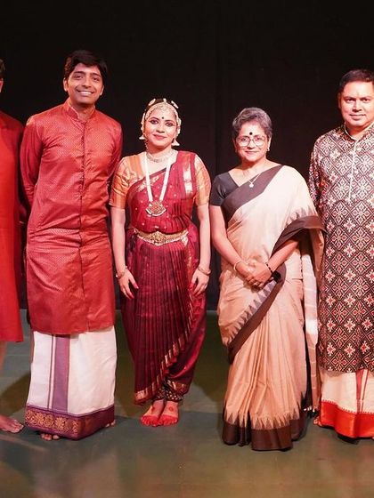 The dancer and her talented music ensemble for 'Rasayatra'. A live orchestra is crucial for a truly immersive classical dance performance, and our space accommodates them perfectly.