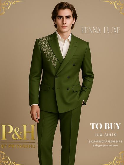 A portrait of the model in the green double-breasted suit, highlighting its unique design.