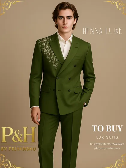 A portrait of the model in the green double-breasted suit, highlighting its unique design.