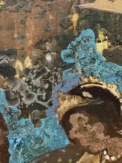 A macro detail of the "Ajanta" canvas, showing the built-up texture and the interaction of different materials.