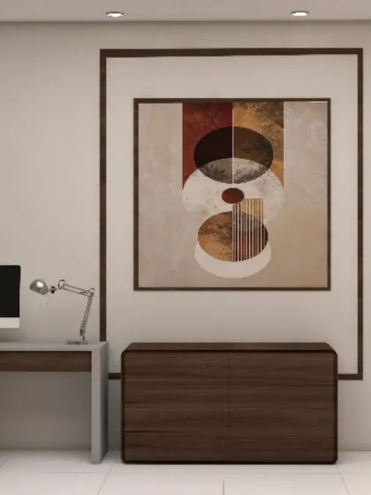 The 3D render of the study area, showing the final look with a modern desk, ergonomic chair, and stylish storage cabinet. Our 3D designs help you visualize your space perfectly.