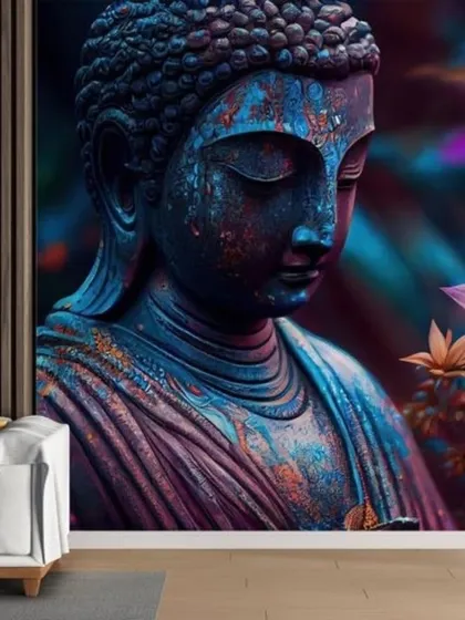 A close-up, artistic depiction of a Buddha statue with colorful, textured details. This modern and vibrant design is perfect for a contemporary home.