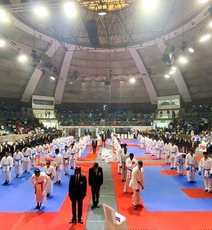The opening ceremony of the national championship. Hundreds of the best karateka in India, all showing discipline and respect.