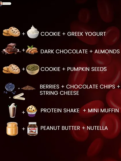 This graphic shows blood-sugar-friendly sweet pairings for PCOS, like dark chocolate with almonds and a protein shake with a mini muffin.
