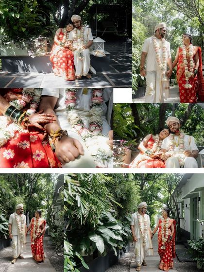 A collection of romantic moments from a wedding day. These photos showcase different spots around our venue, from the shaded benches to the green pathways, perfect for couple portraits.