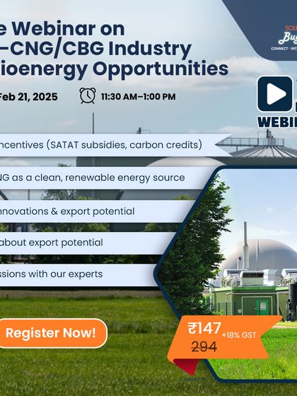 This webinar ad uses the tagline "Trash to Cash" to grab attention. It details the key takeaways, including turning farm residue into clean fuel, accessing government grants, and learning from pioneers making over ₹5L+ monthly.