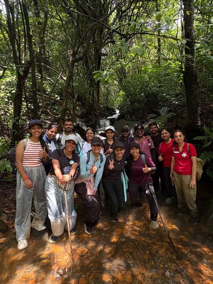 A group of friends enjoying the forest section of the Netravathi trek.