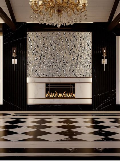 A close-up render of the proposed fireplace. This detailed visualization shows the combination of a sleek, modern firebox with a dramatic, textured panel above it, all framed by black marble.