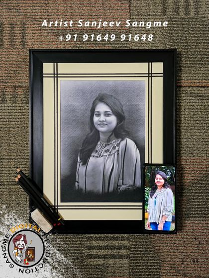 This image shows a finished charcoal pencil sketch next to the reference photo. My goal is to achieve a high level of realism while maintaining an artistic quality that makes the portrait feel alive.