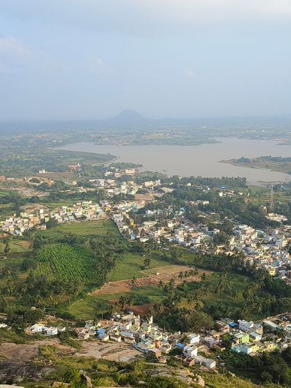 The view of a town from a hilltop, a perspective you only get after a good climb.