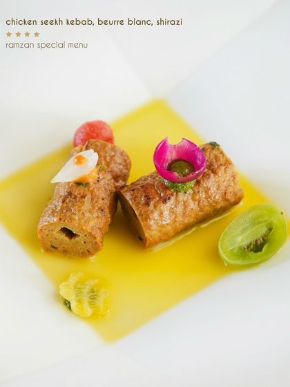 A classic chicken seekh kebab is reimagined with a French beurre blanc sauce and a fresh shirazi salad. It’s a cross-cultural conversation on a plate.