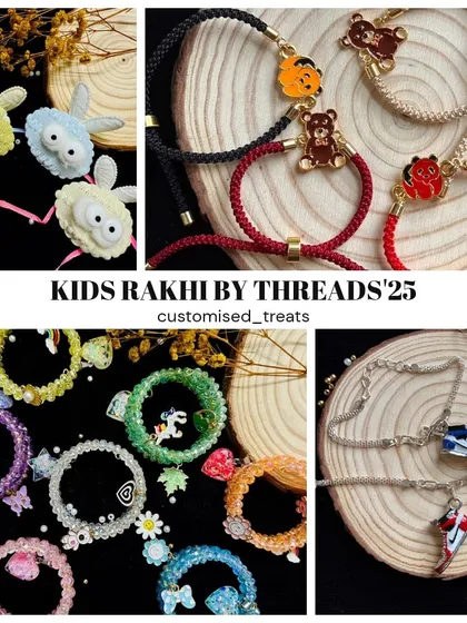A summary of my first kids' rakhi drop. This collage includes the light-up bunnies, sneaker bracelets, teddy bear bands, and sparkly beaded bracelets.