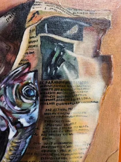 A close-up of the fish painting shows the detailed study of texture and reflection. Notice the careful rendering of the fish's eye and the crumpled newspaper, key elements of advanced realism.