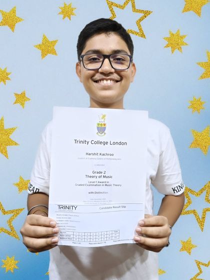 Congratulations to Harshit for earning a distinction in his Grade 2 'Theory of Music' exam. His hard work and dedication have paid off.