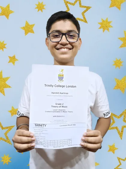 Congratulations to Harshit for earning a distinction in his Grade 2 'Theory of Music' exam. His hard work and dedication have paid off.