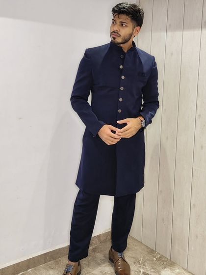 A different angle of the Navy Blue Nawabi kurta, showing its clean and sharp tailoring.